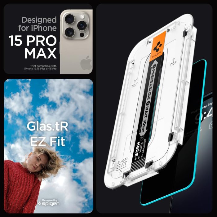 Spigen Tempered Glass Screen Protector [GlasTR EZ FIT - Privacy] Designed for iPhone 15 Pro Max [Case Friendly] - 2 Pack - Image 3