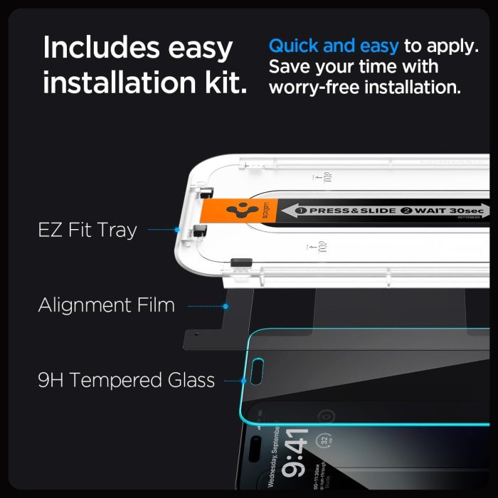 Spigen Tempered Glass Screen Protector [GlasTR EZ FIT - Privacy] Designed for iPhone 15 Pro Max [Case Friendly] - 2 Pack - Image 6