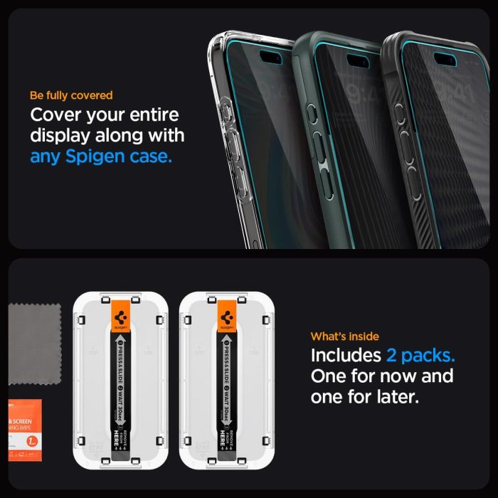 Spigen Tempered Glass Screen Protector [GlasTR EZ FIT - Privacy] Designed for iPhone 15 Pro Max [Case Friendly] - 2 Pack - Image 8