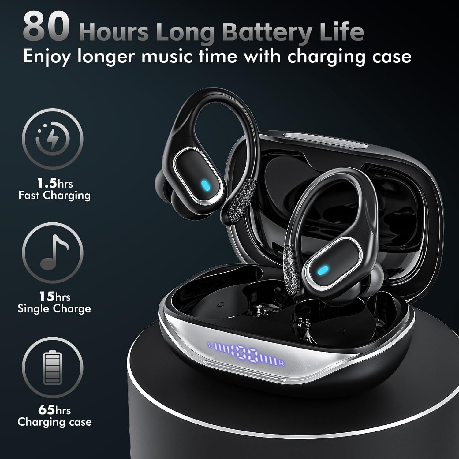 Wireless Earbuds Bluetooth Headphones 80Hrs Playtime Ear Buds IPX7 Waterproof Sports Earphones Wireless Charging Case Over-Ear Earhooks Headest - Black - Image 2